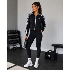 Adidas Originals Cropped Track Jacket S Black 3 Stripe Zip Athletic Sporty Y2K